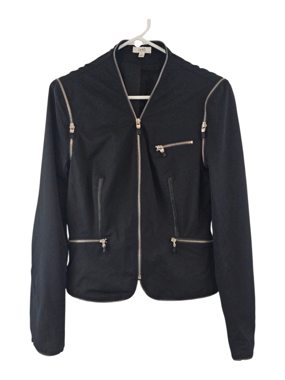 Caché Black Zip Front Moto Jacket Blazer Silver Hardware Zipper Accents Size 4